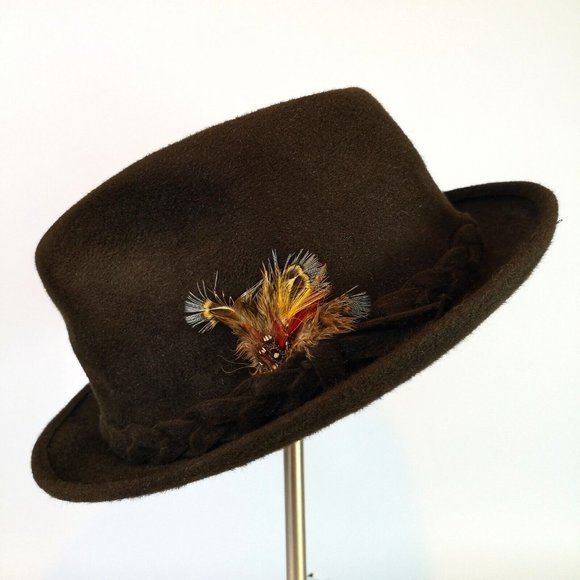 Vtg Royal Biltmore 60s Fedora Hat Felt Brown Feather braided band Grannycore - Picture 2 of 9